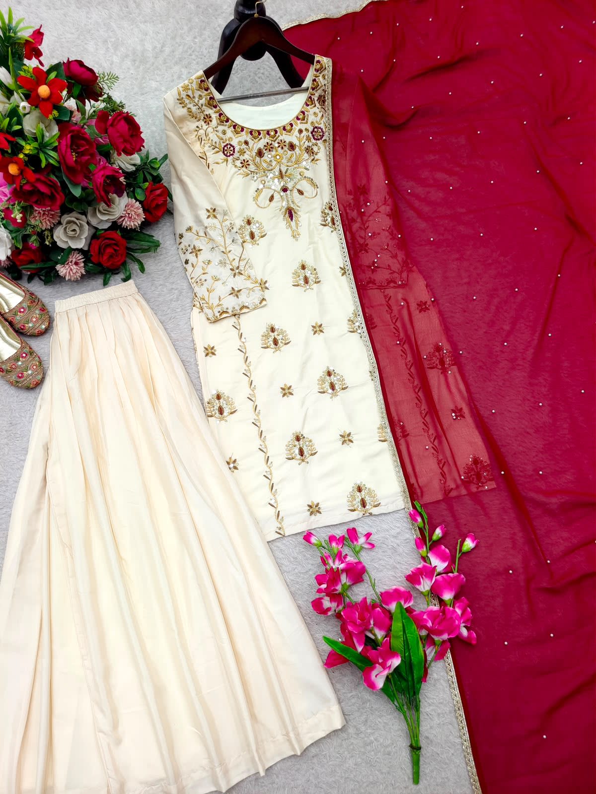 Premium Natural Crepe Top, Sharara & Dupatta Set - View 3