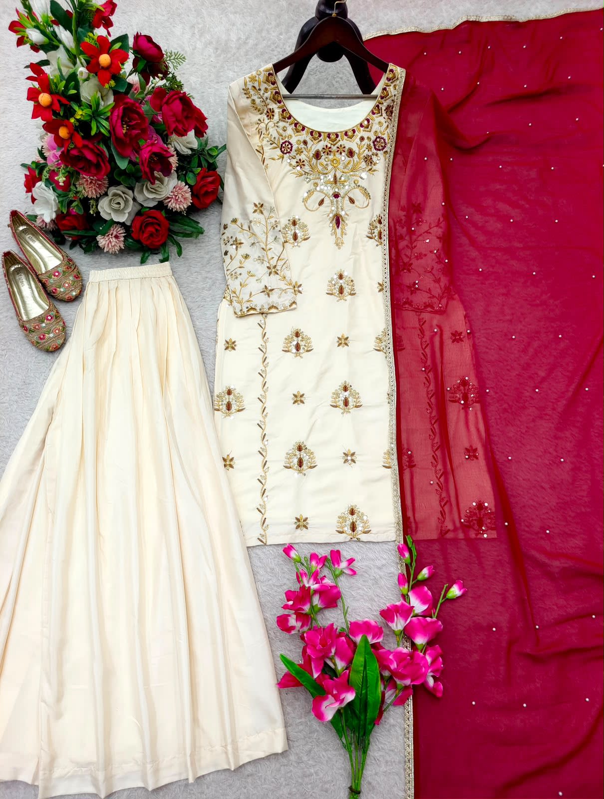 Premium Natural Crepe Top, Sharara & Dupatta Set - View 4