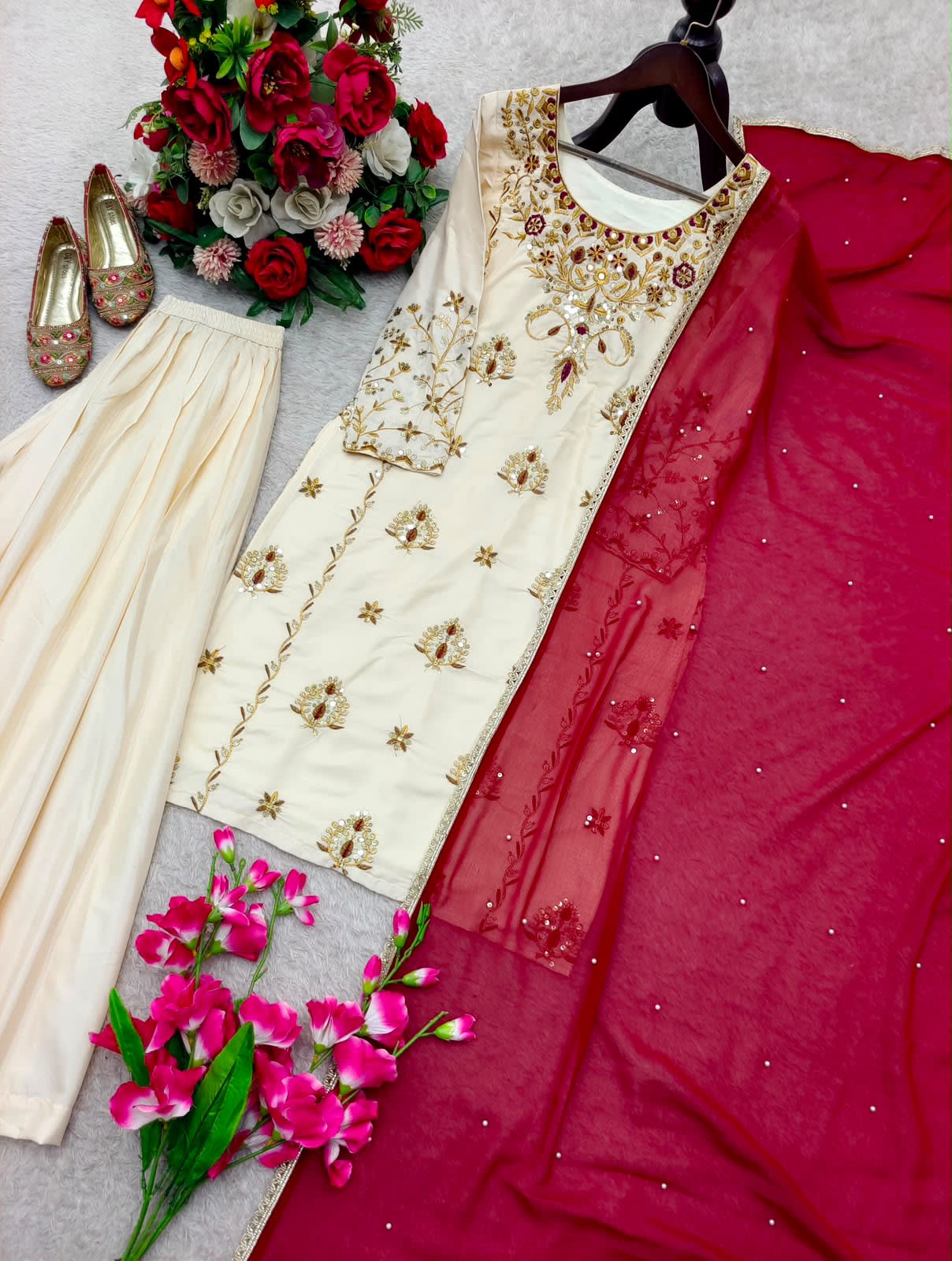 Premium Natural Crepe Top, Sharara & Dupatta Set - View 2