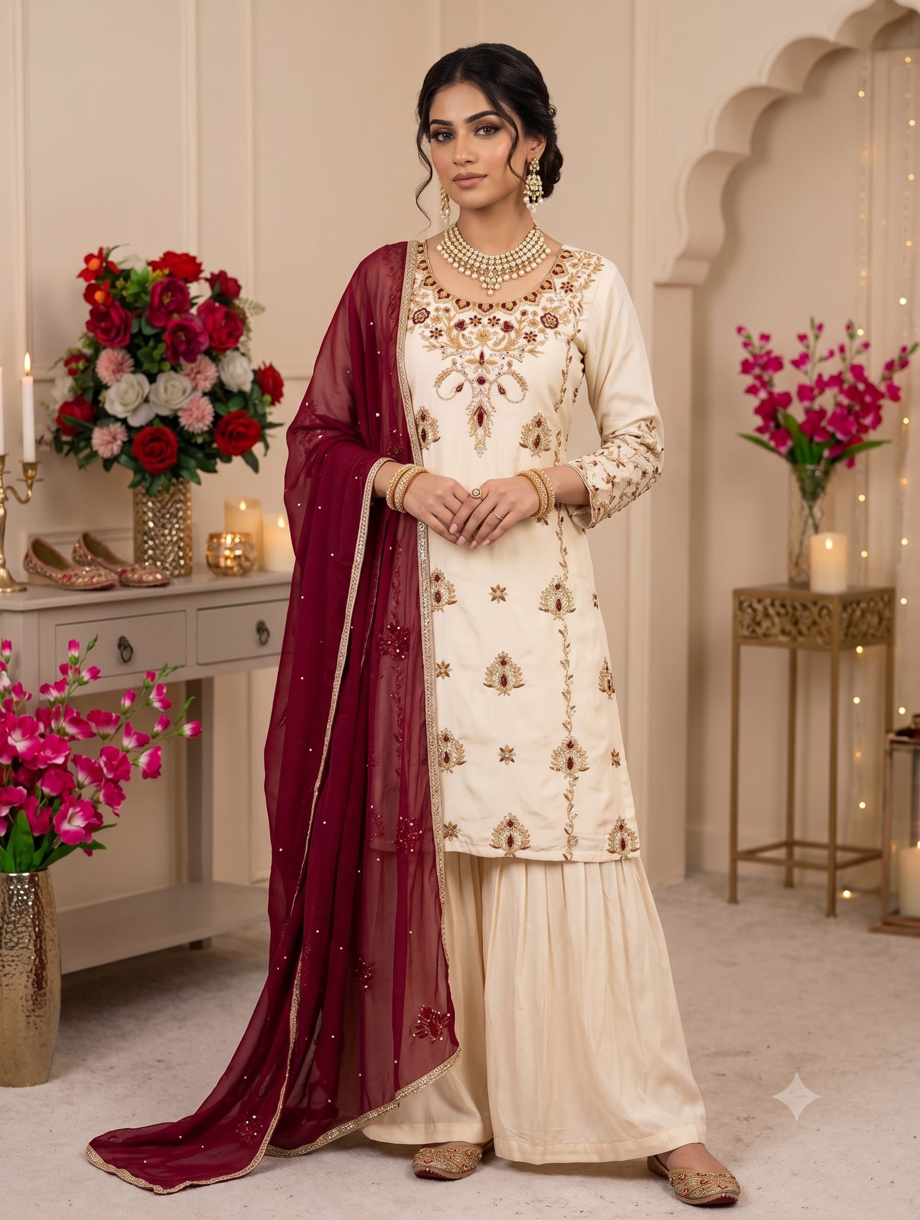 Premium Natural Crepe Top, Sharara & Dupatta Set - Pure Natural Crepe Saree Online India - Buy at ₹1650 - Image 1