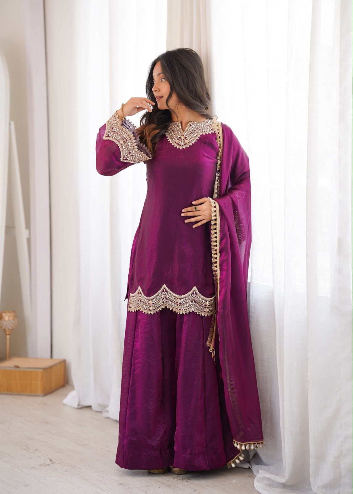 Premium Fendy Silk Embroidered Sharara Suit Set - View 6