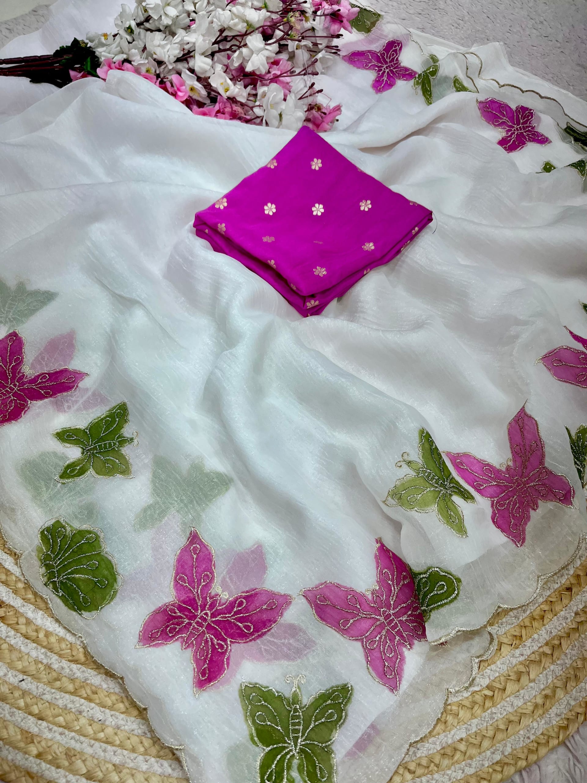 Premium Crunchy Chiffon Saree with Multi Embroidery & Brush Print - View 2