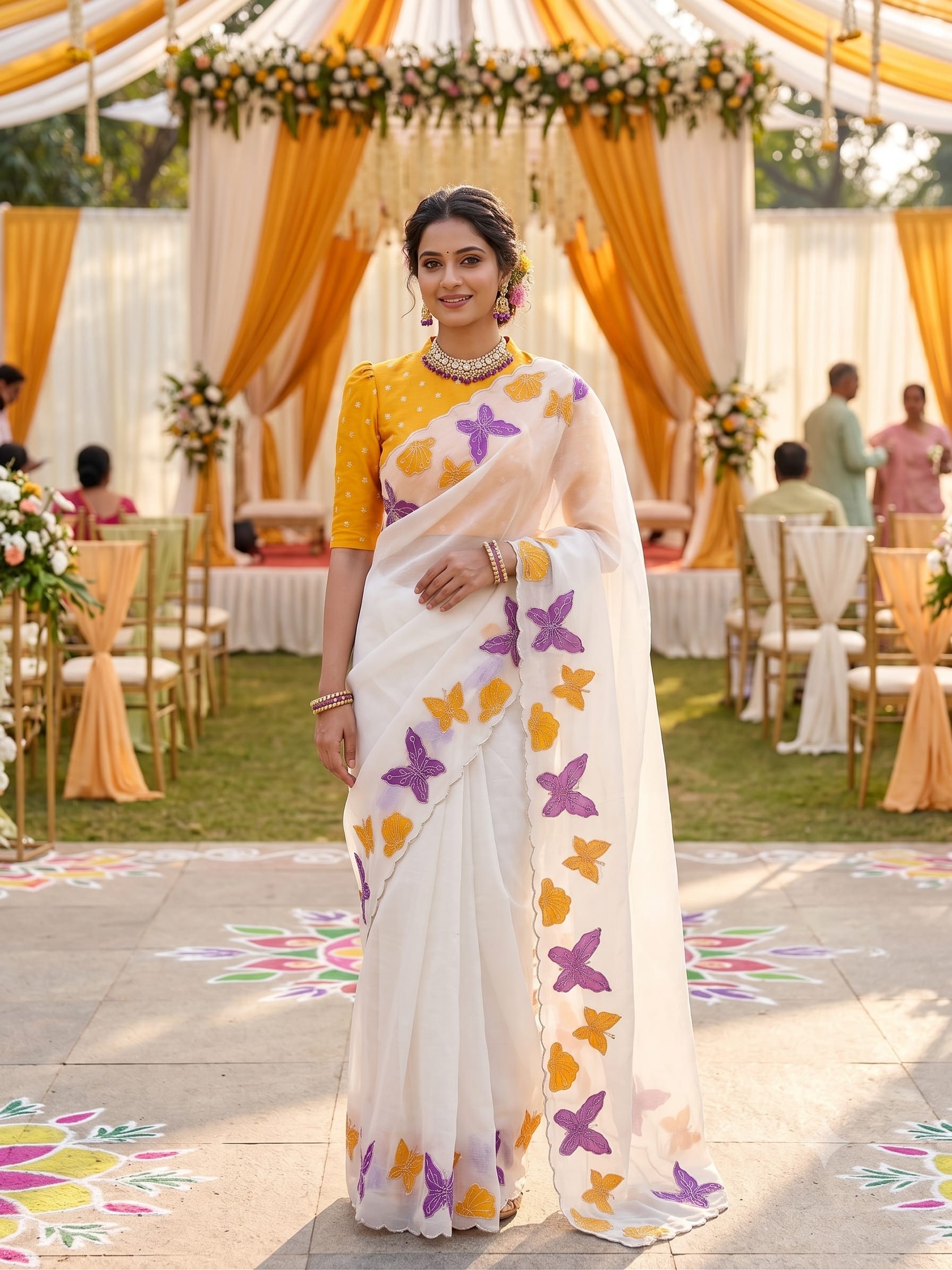 Premium Crunchy Chiffon Saree with Multi Embroidery & Brush Print - Premium Crunchy Chiffon Saree Online India - Buy at ₹999 - Image 1