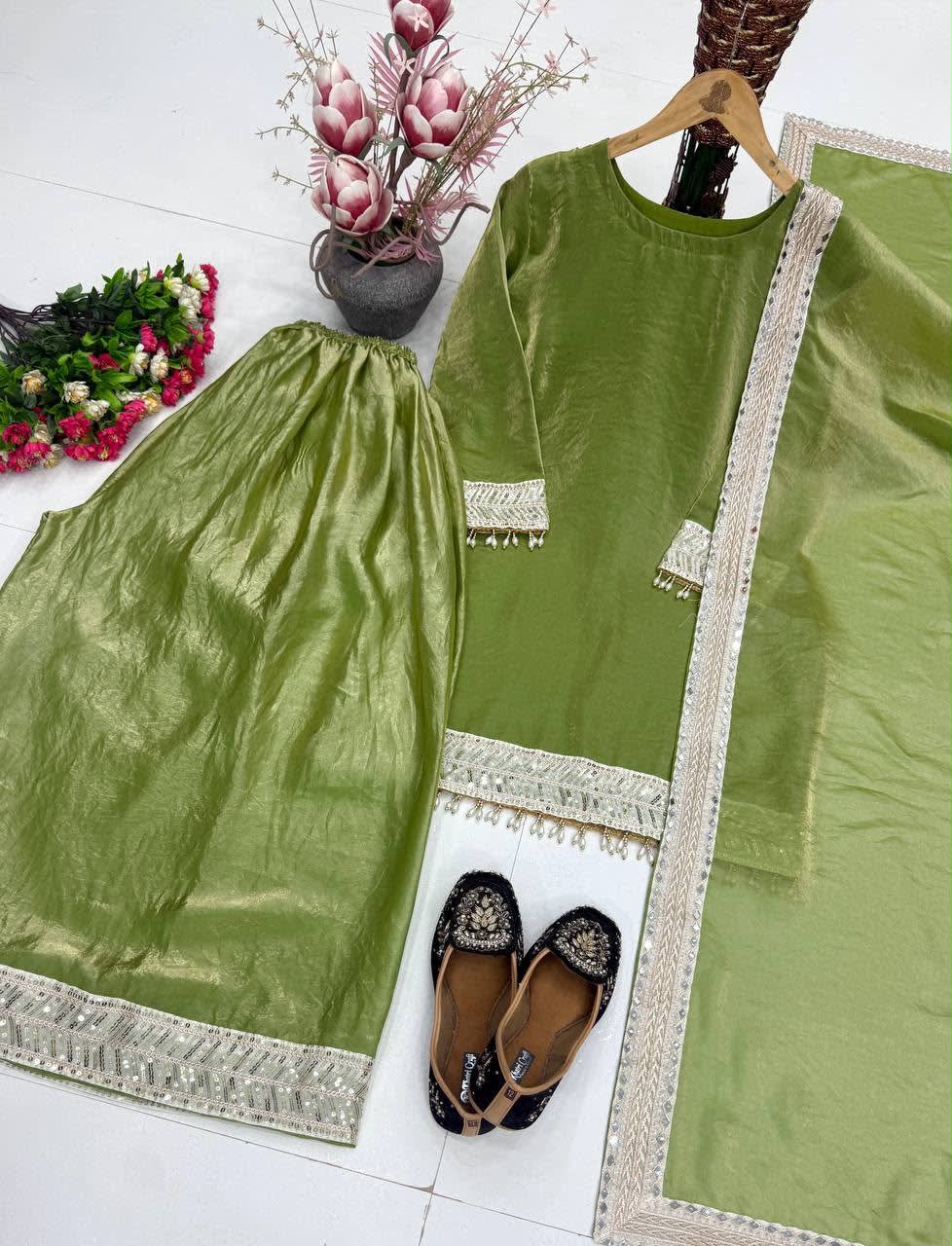 New Designer Embroidered Top Palazzo Dupatta Set - View 3