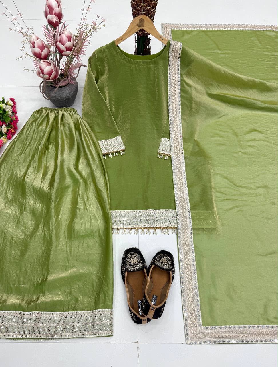 New Designer Embroidered Top Palazzo Dupatta Set - View 2