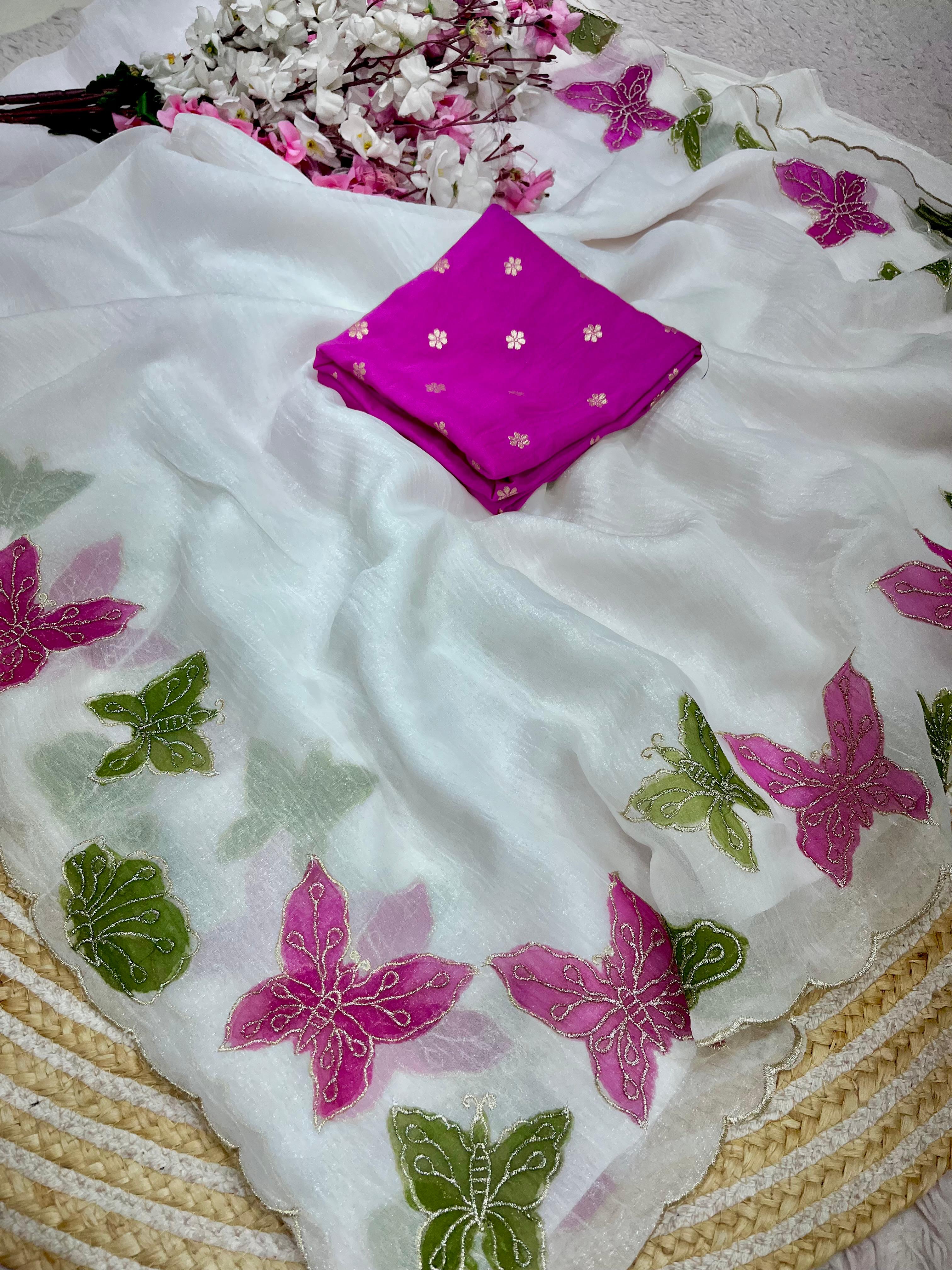 Premium Crunchy Chiffon Saree with Multi Embroidery & Brush Print - Second View