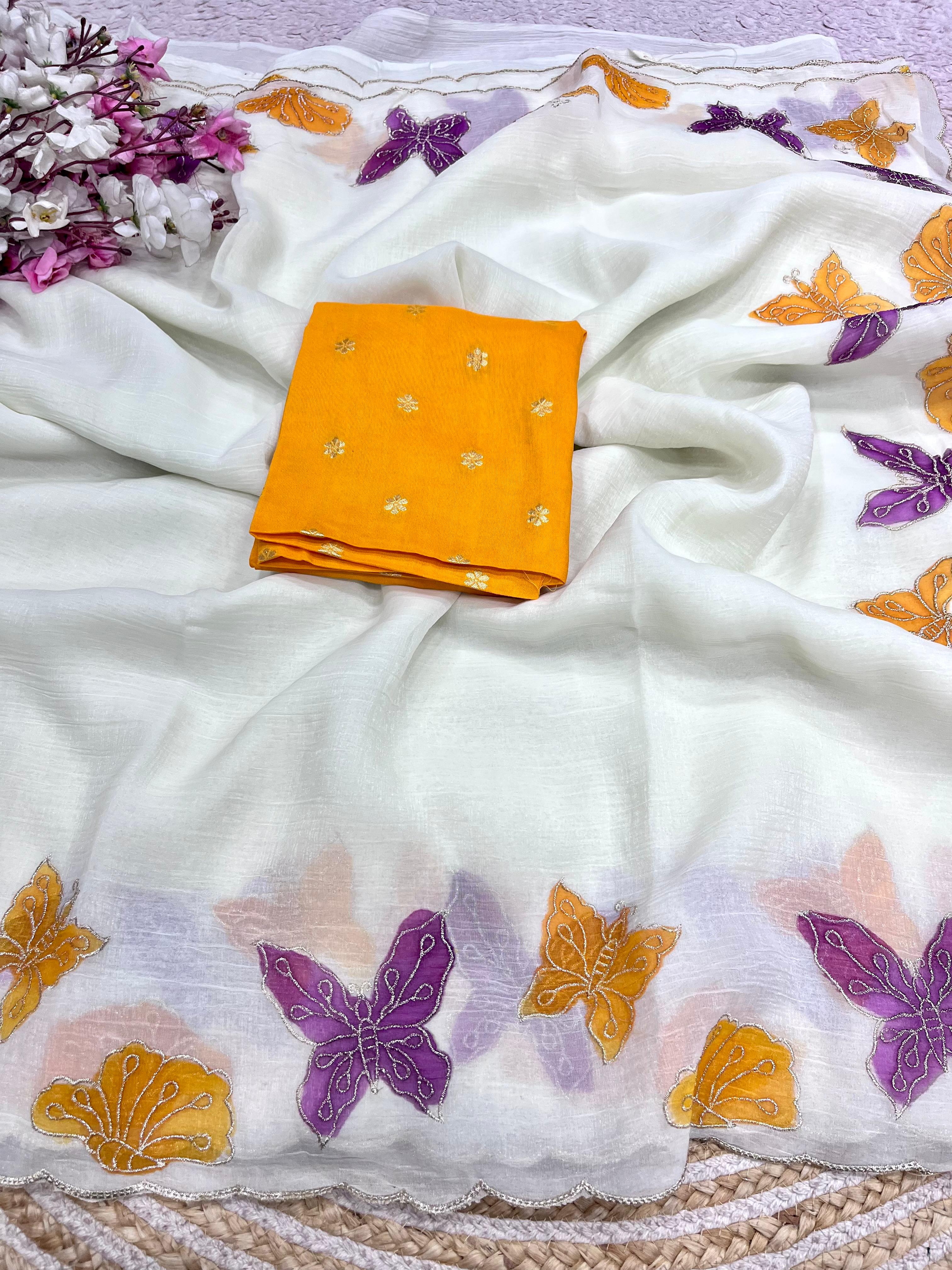Premium Crunchy Chiffon Saree with Multi Embroidery & Brush Print - Second View