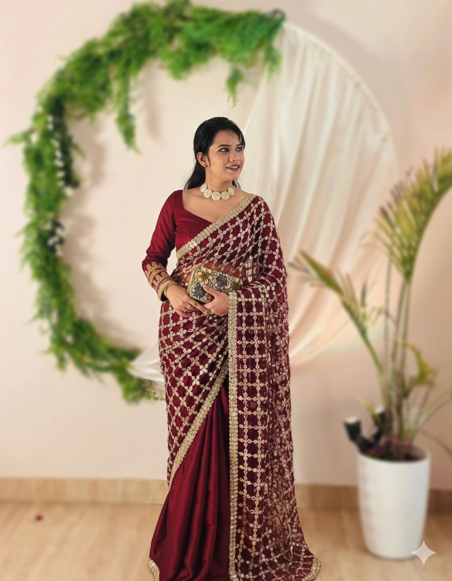 Super Hit Designer Mirror Work Party Wear Saree - Soft Fandy Satin Silk Saree Online India - Buy at ₹2250 - Image 1