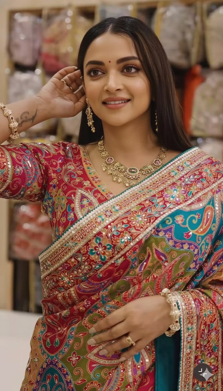 New Beautiful Chinon Silk Mirror Work Saree - View 3