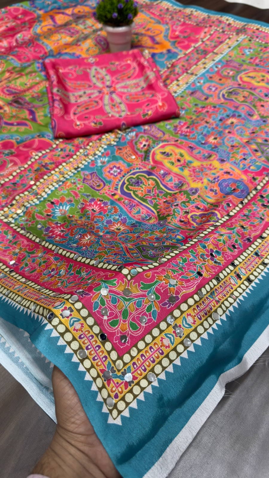 New Beautiful Chinon Silk Mirror Work Saree - View 6