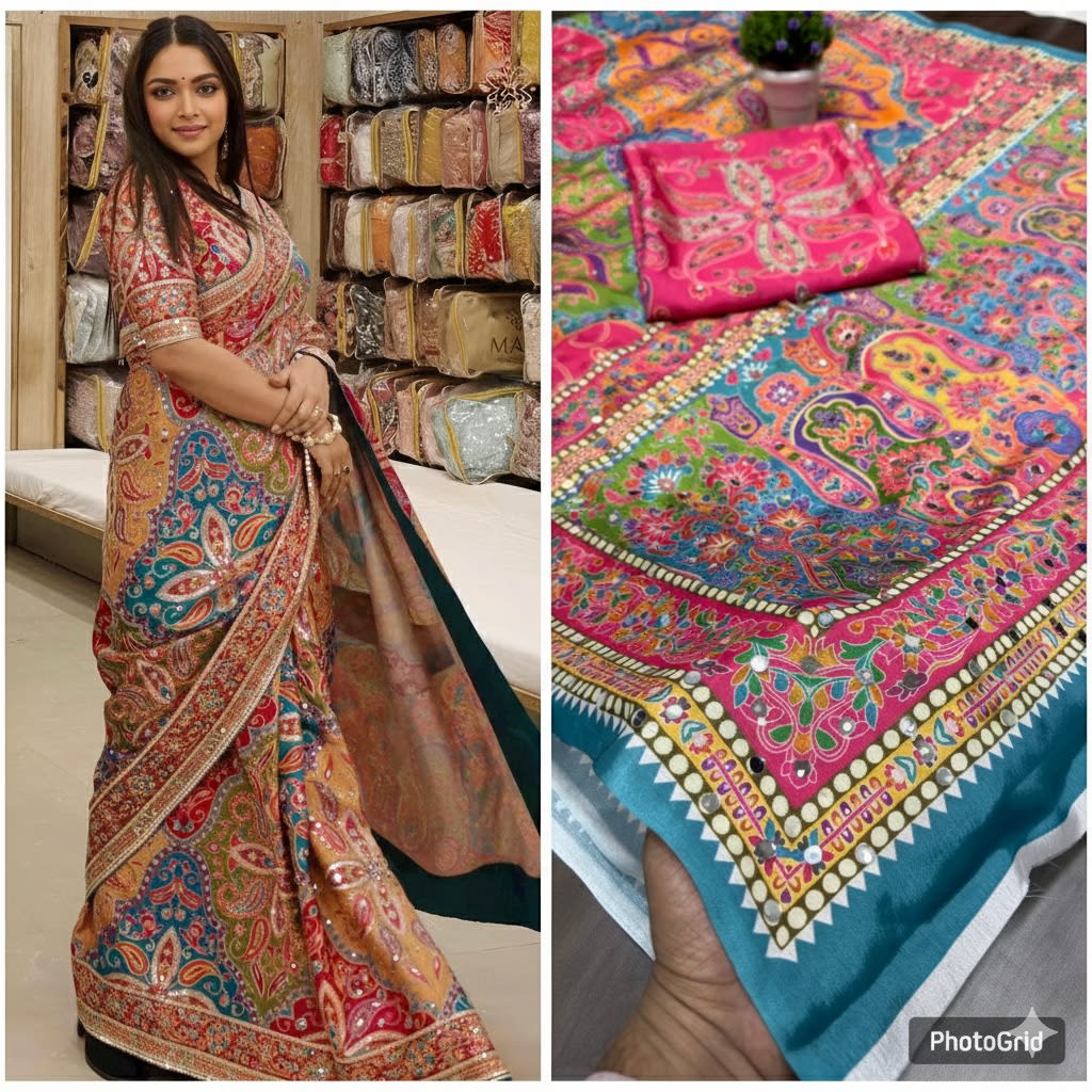 New Beautiful Chinon Silk Mirror Work Saree - Soft Chinon Silk Saree Online India - Buy at ₹1899 - Image 1