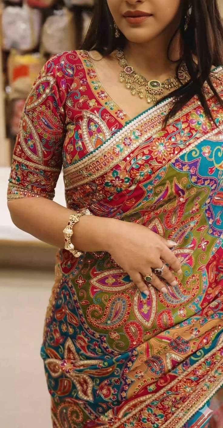 New Beautiful Chinon Silk Mirror Work Saree - View 4