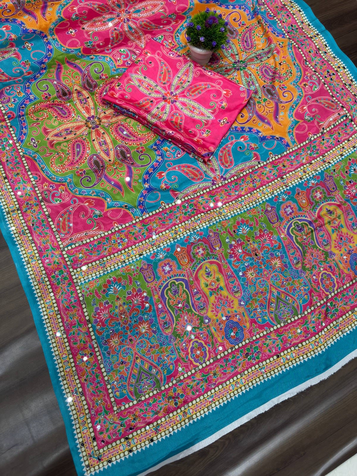 New Beautiful Chinon Silk Mirror Work Saree - View 5