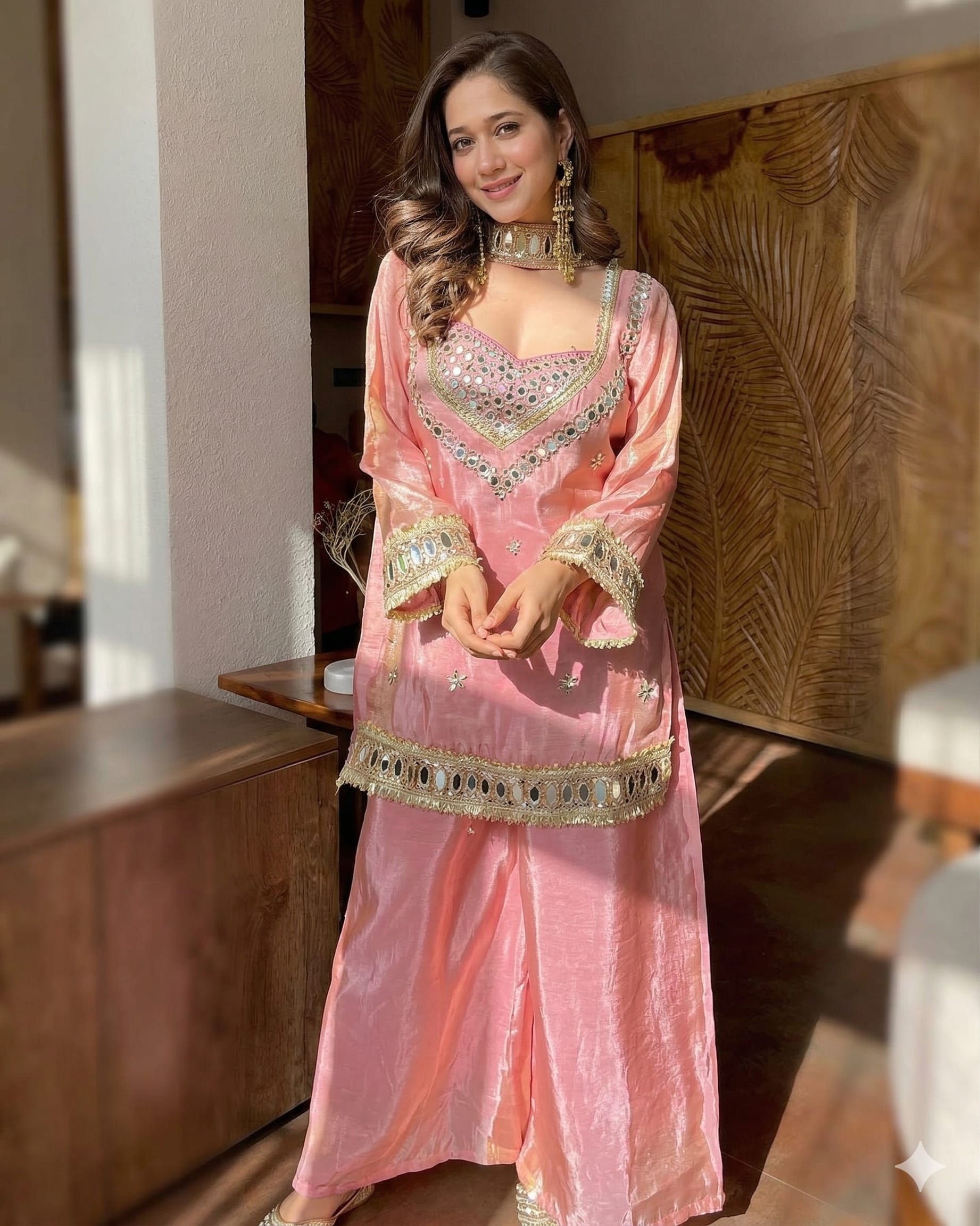 Premium Mirror Work Sharara Palazzo Set - Fendy Silk Saree Online India - Buy at ₹1999 - Image 1