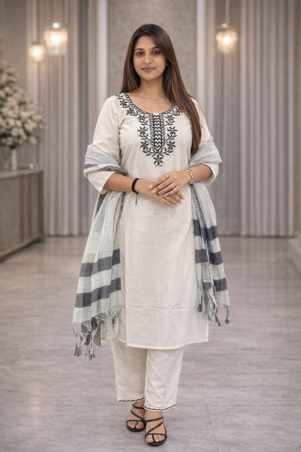 Elegant Straight Kurti Pant Dupatta Set - Khadi Cotton Saree Online India - Buy at ₹999 - Image 1