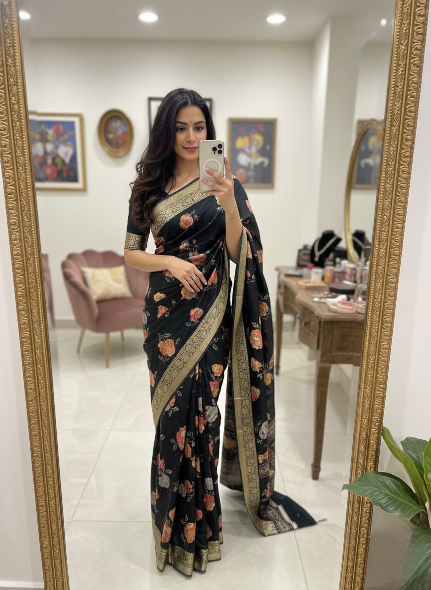 New Arrival – Black Rose Saree - Pure Heavy Marshmello Saree Online India - Buy at ₹1050 - Image 1