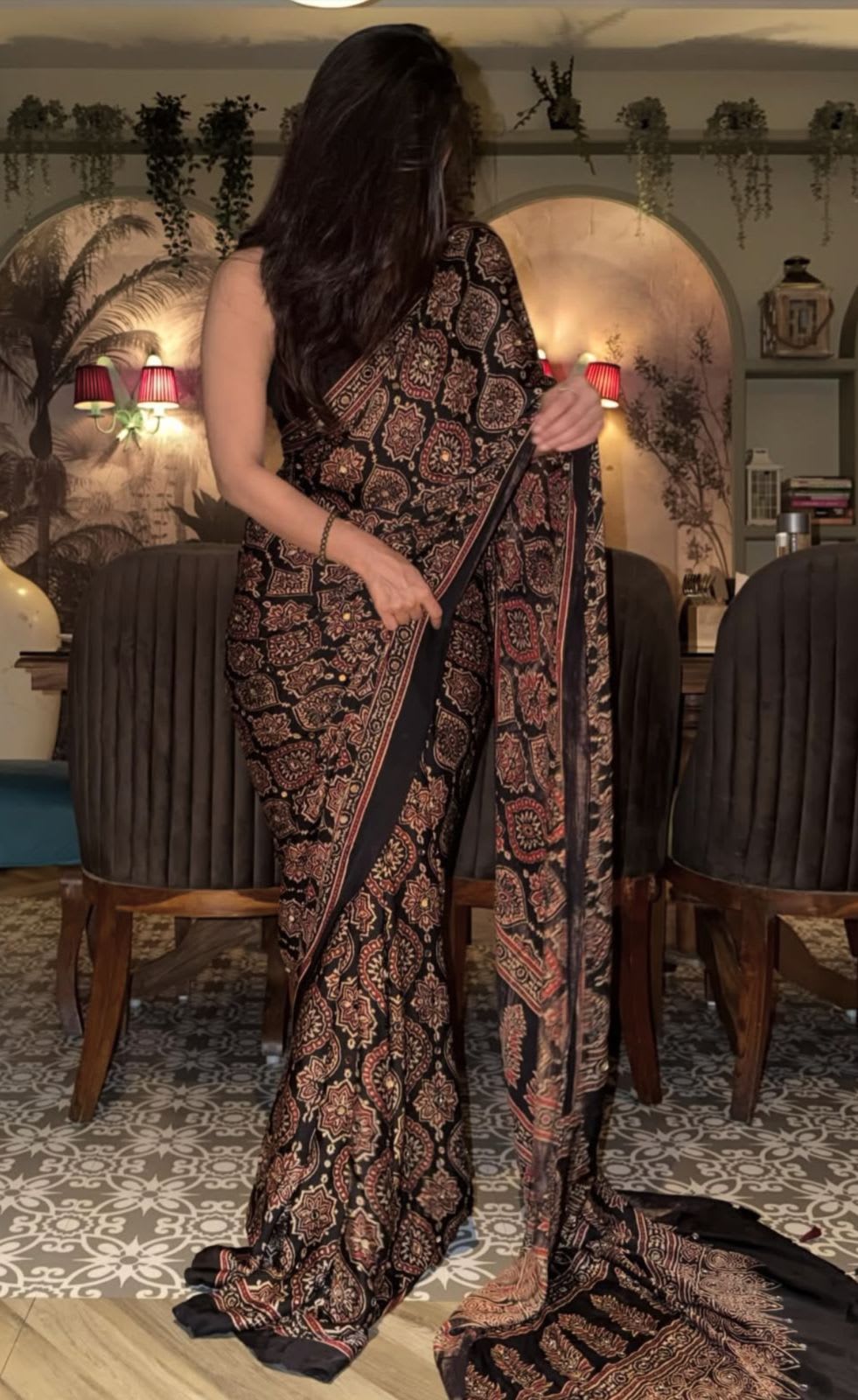 New Designer Ajrak Silk Saree – Mirror Handwork Collection - View 2