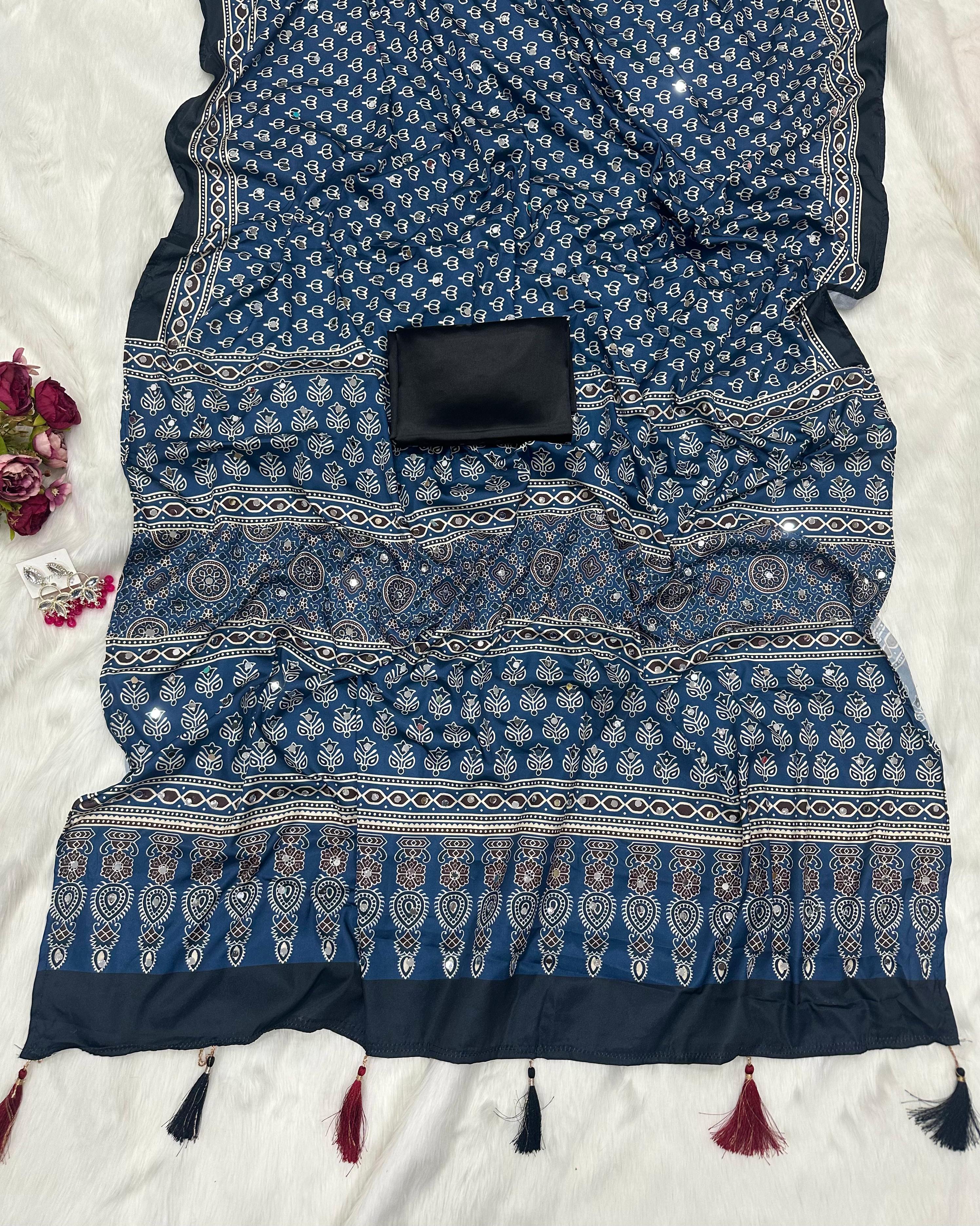 New Designer Ajrak Silk Saree – Mirror Handwork Collection - View 4