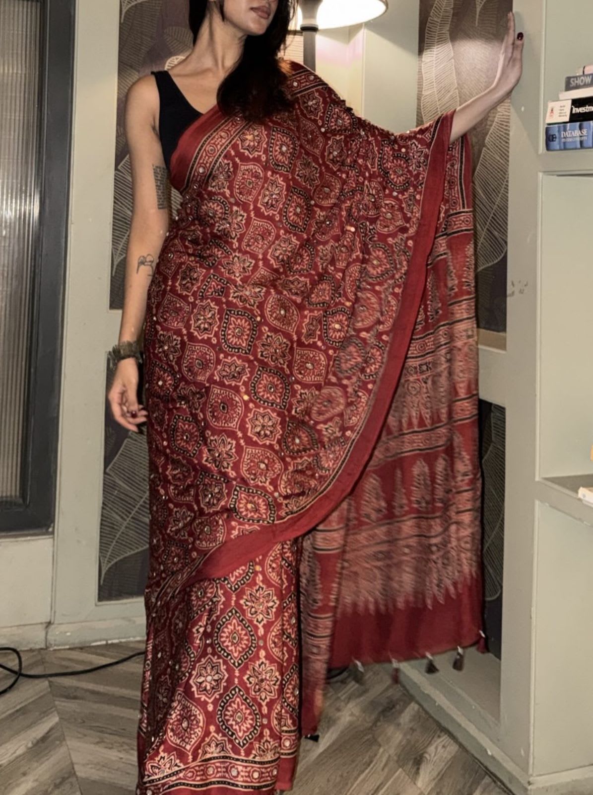 New Designer Ajrak Silk Saree – Mirror Handwork Collection - Soft Crepe Silk Saree Online India - Buy at ₹1899 - Image 1