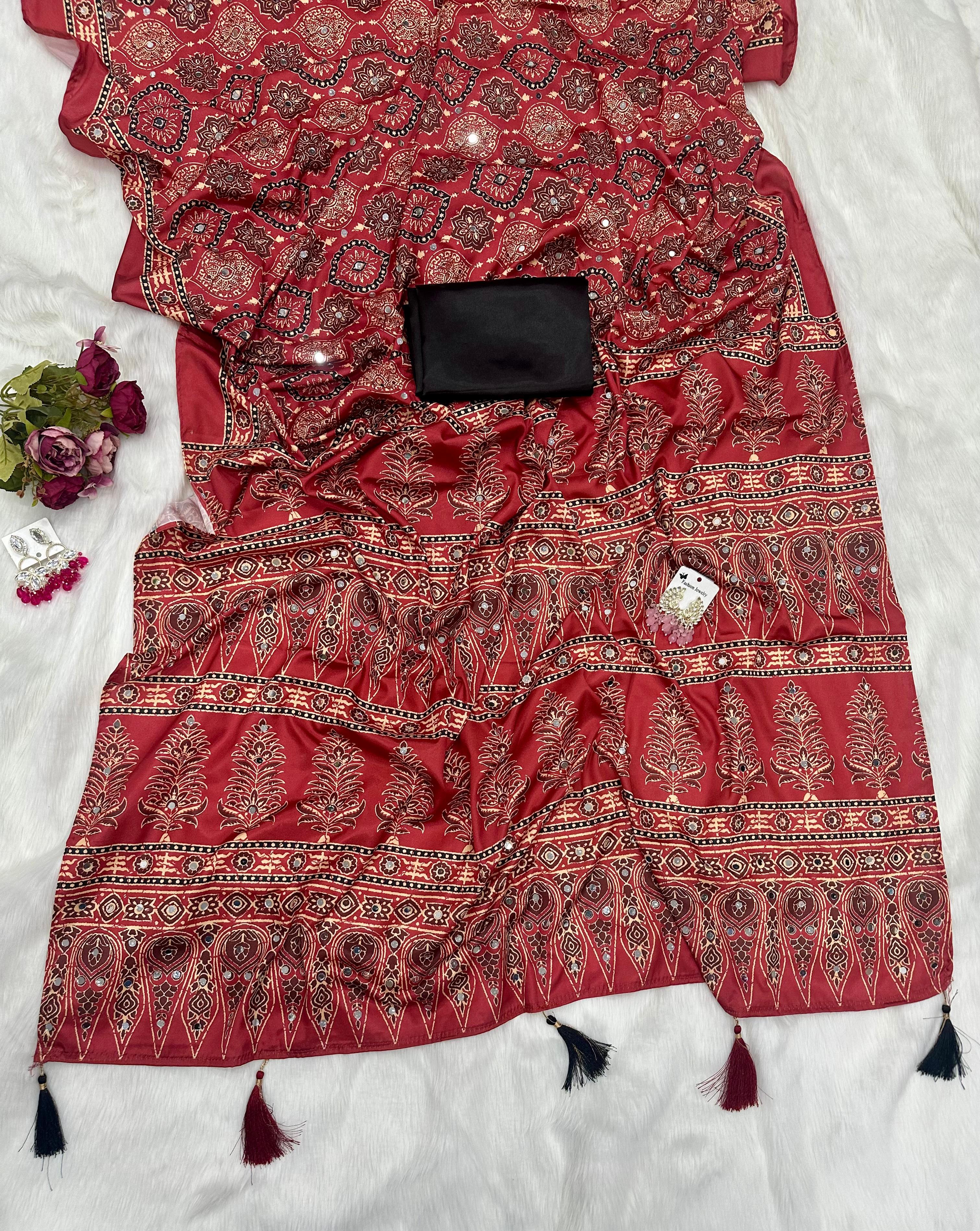 New Designer Ajrak Silk Saree – Mirror Handwork Collection - View 2