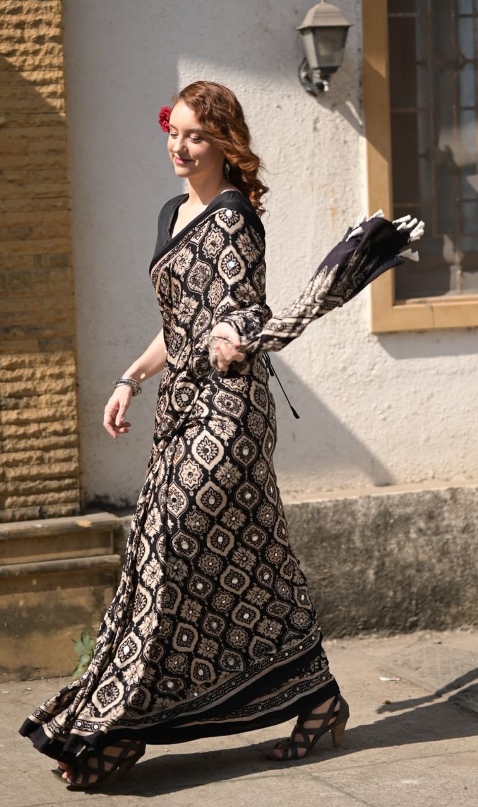 New Designer Ajrak Silk Saree – Mirror Handwork Collection - Soft Crepe Silk Saree Online India - Buy at ₹1899 - Image 1