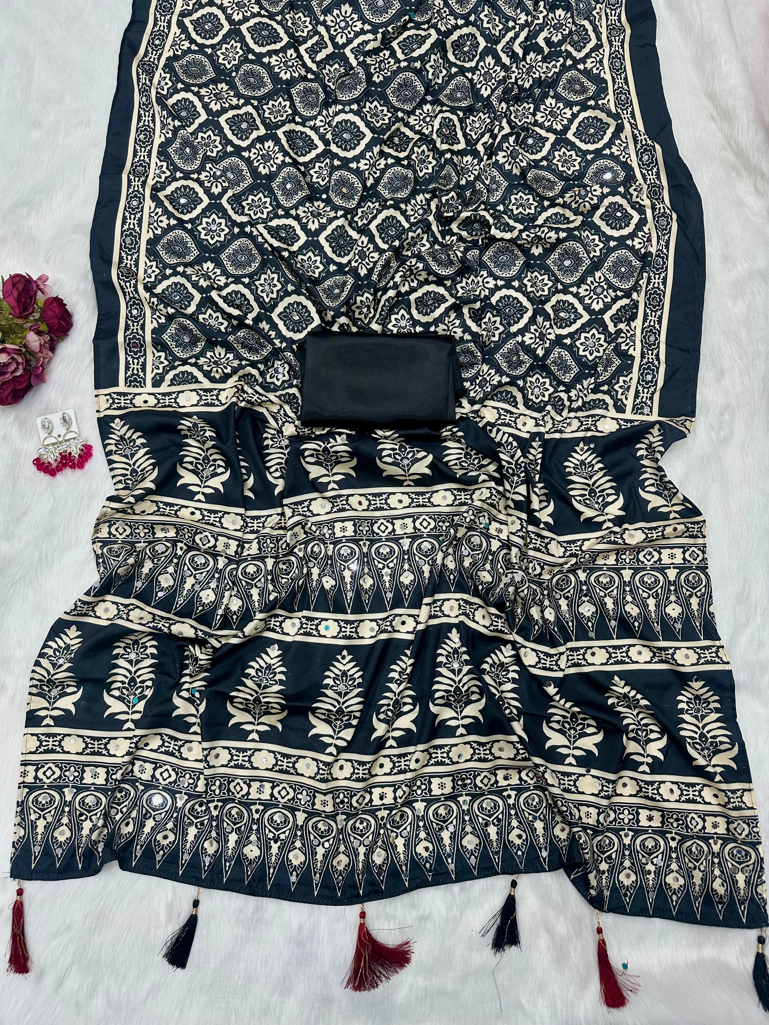 New Designer Ajrak Silk Saree – Mirror Handwork Collection - View 3