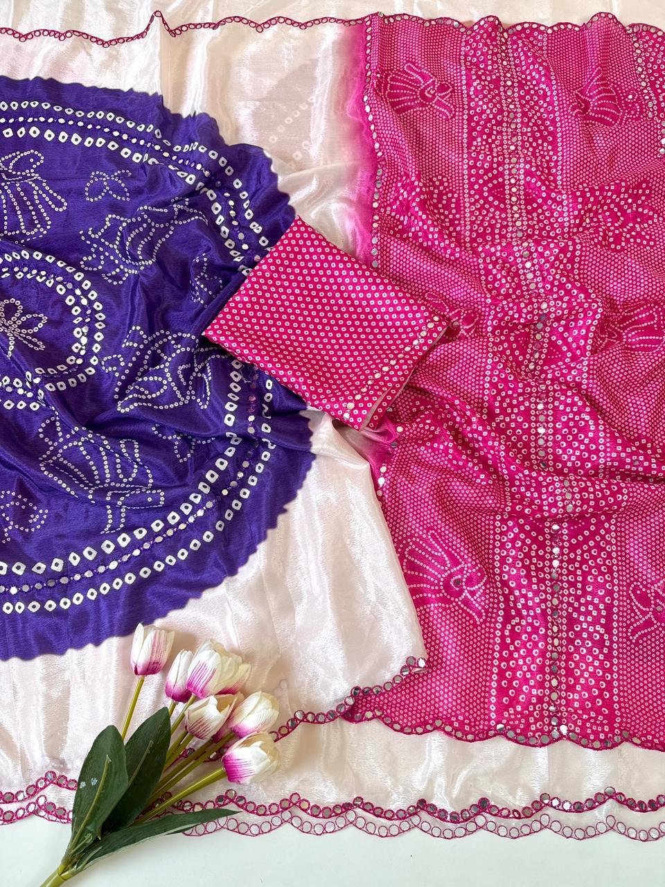 Designer Chinon Saree with Bandhej Print & Mirror Work - View 3