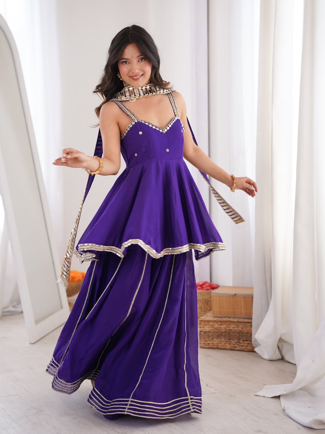 Chinon Mirror Work Palazzo Set with Stylish Belt & Gota Patti Work - View 6