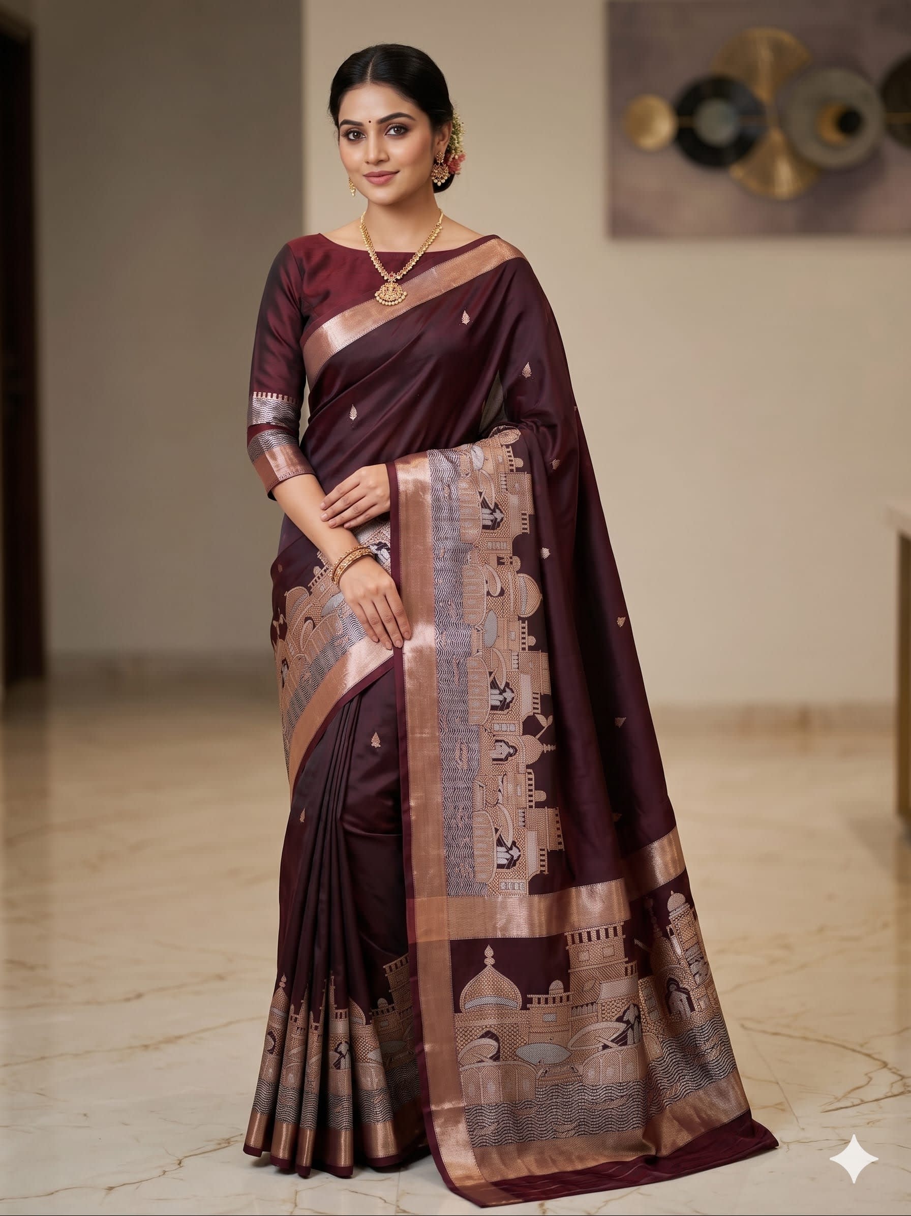 Graceful Banarasi Ganga Ghat Katan Soft Silk Saree - Premium Katan Soft Silk fabric Saree Online India - Buy at ₹1499 - Image 1