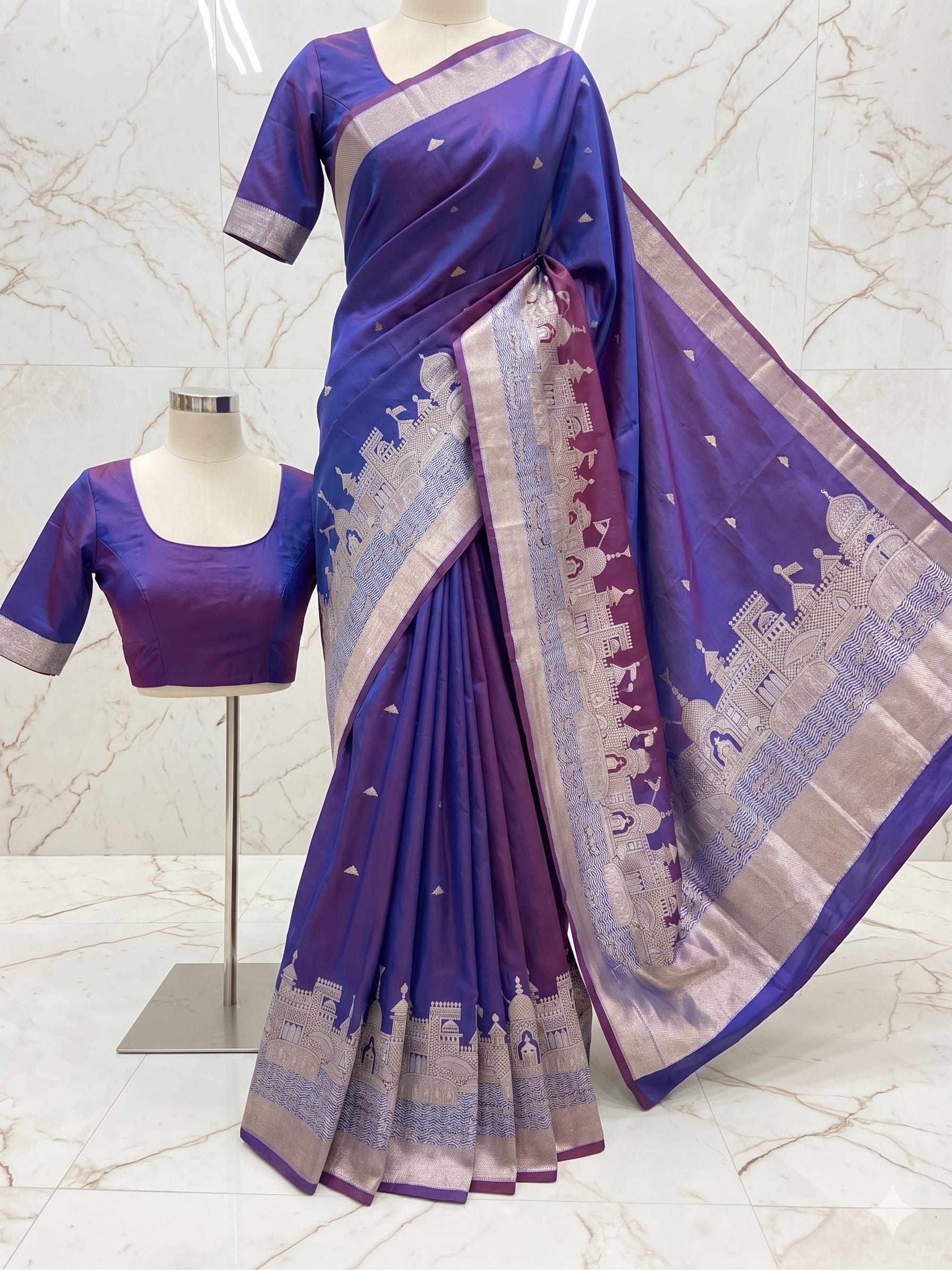 Graceful Banarasi Ganga Ghat Katan Soft Silk Saree - Premium Katan Soft Silk fabric Saree Online India - Buy at ₹1499 - Image 1