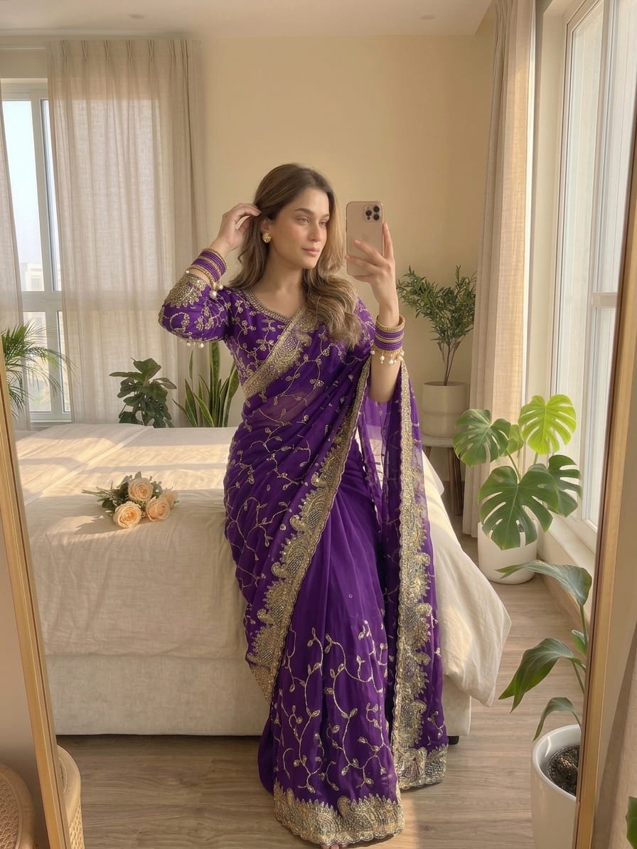 Morni Collection – Elegant Georgette Saree with Stitched Blouse - View 2