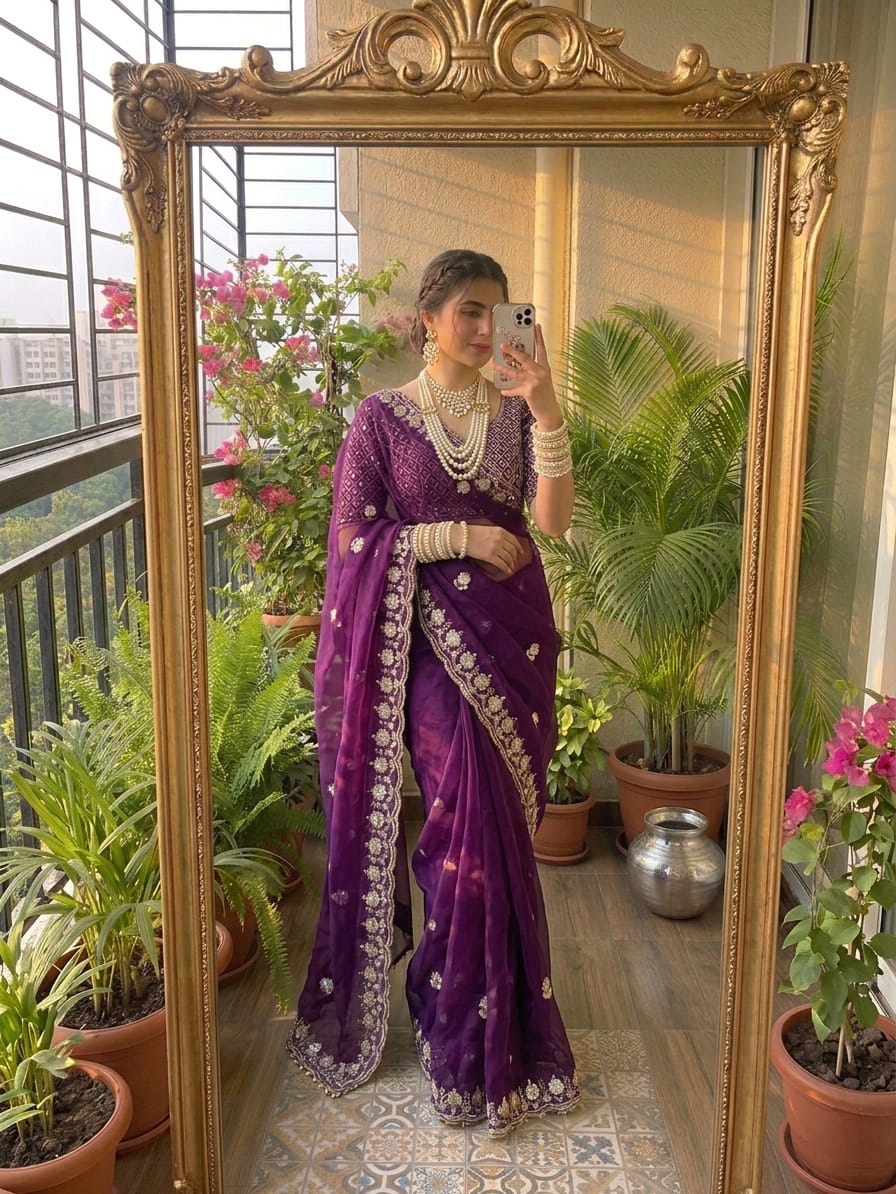 Maitry Collection – Elegant Fendy Satin Saree with Stitched Blouse - View 2