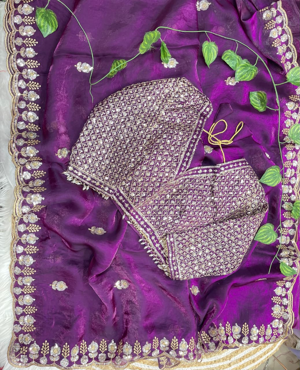 Maitry Collection – Elegant Fendy Satin Saree with Stitched Blouse - View 3