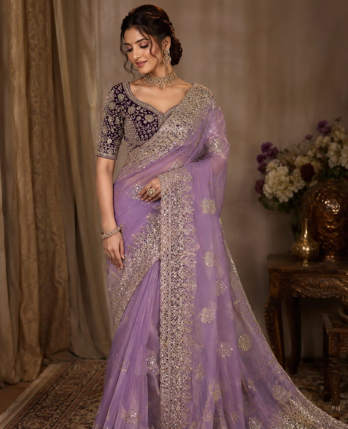 Designer Frendy Satin Saree – Stylish & Trendy with Stitched Blouse - Soft Fendy Satin Saree Online India - Buy at ₹2250 - Image 1
