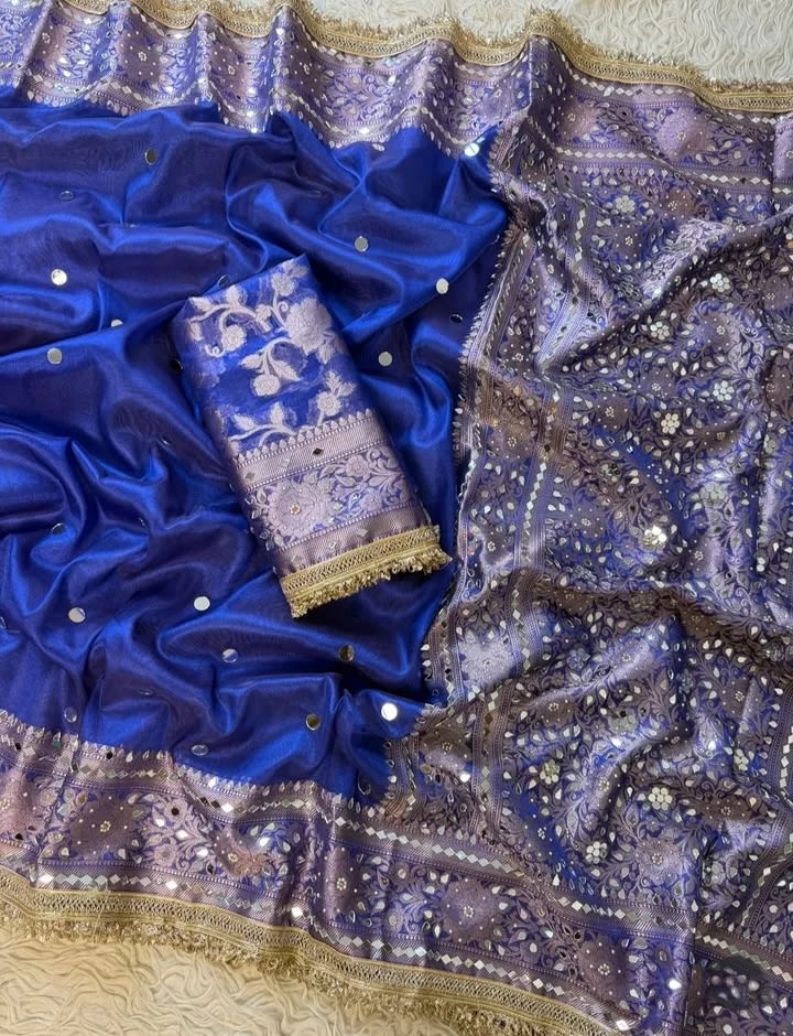 Banarasi Soft Tissue Silk Saree with Big Round Mirror Work & Heavy Mirror Border - View 2