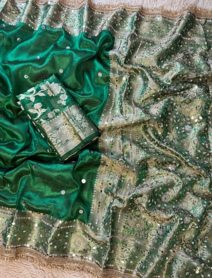 Banarasi Soft Tissue Silk Saree with Big Round Mirror Work & Heavy Mirror Border - View 2