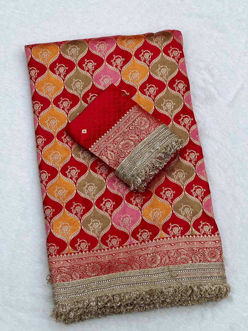Premium Rangkat Satin Silk Saree with Banarasi Zari Weaving & Jaipuri Border - View 3