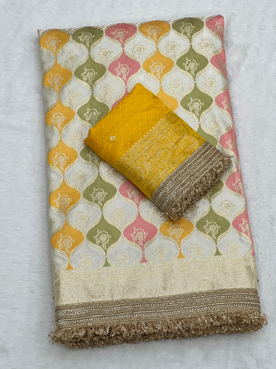 Premium Rangkat Satin Silk Saree with Banarasi Zari Weaving & Jaipuri Border - View 5