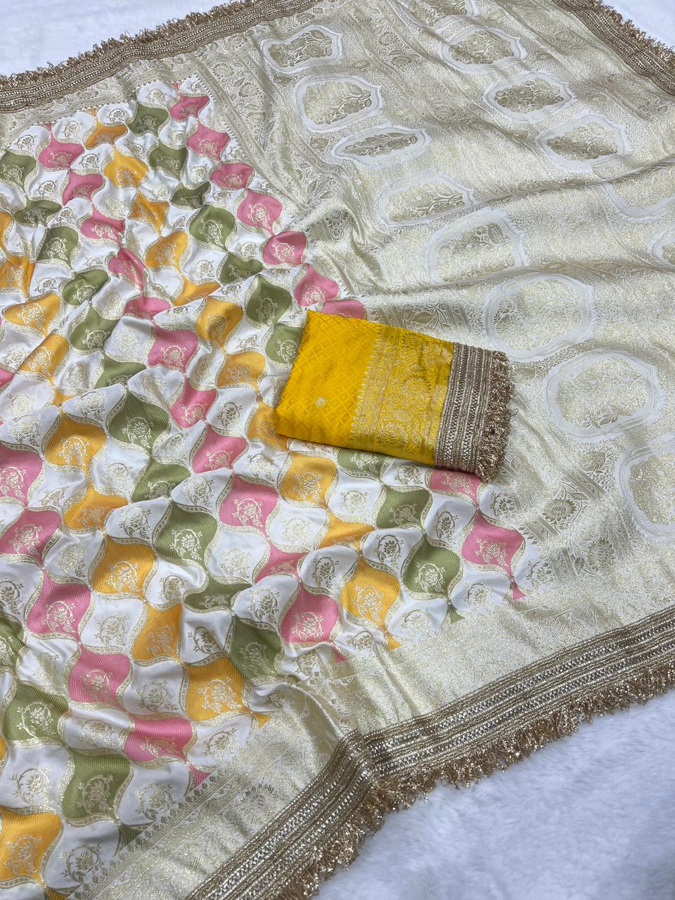 Premium Rangkat Satin Silk Saree with Banarasi Zari Weaving & Jaipuri Border - View 2