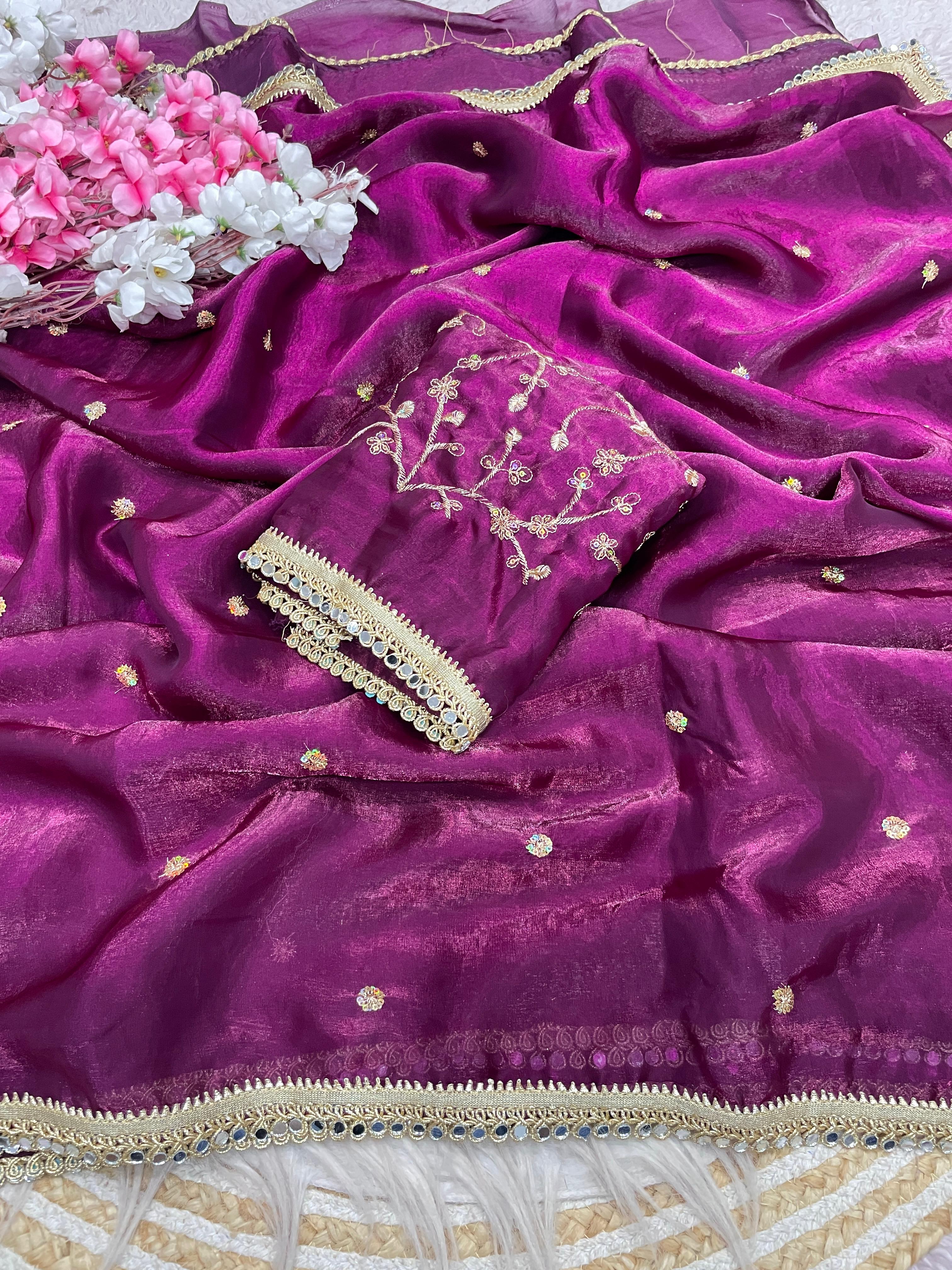 Bollywood Trending Fandy Satin Saree with Sequins Butti & Mirror Lace Border - View 2