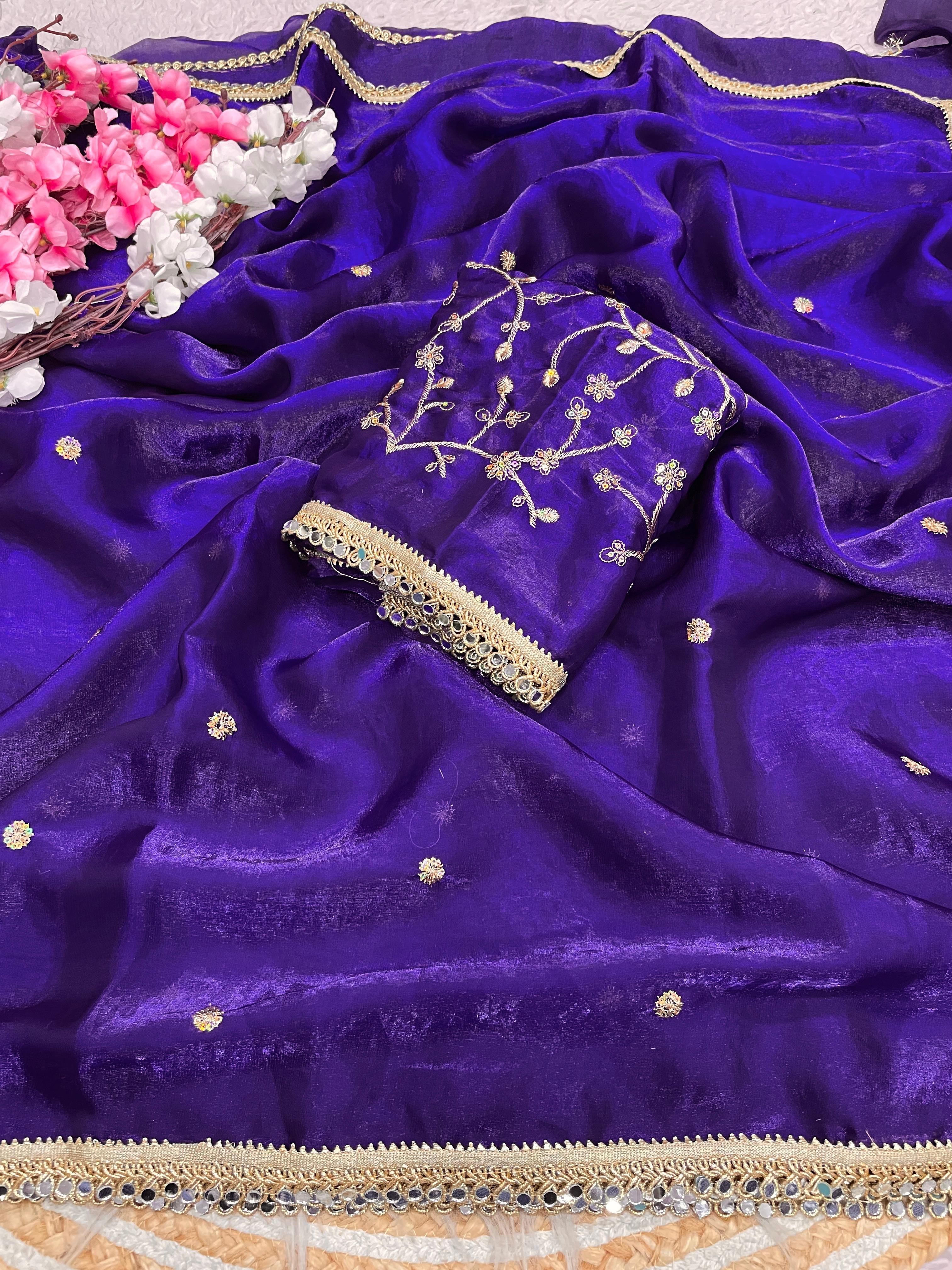 Bollywood Trending Fandy Satin Saree with Sequins Butti & Mirror Lace Border - View 2