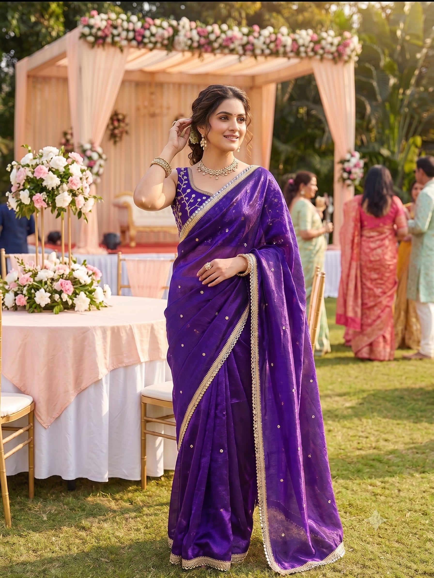 Bollywood Trending Fandy Satin Saree with Sequins Butti & Mirror Lace Border - Fandy Satin Saree Online India - Buy at ₹1400 - Image 1