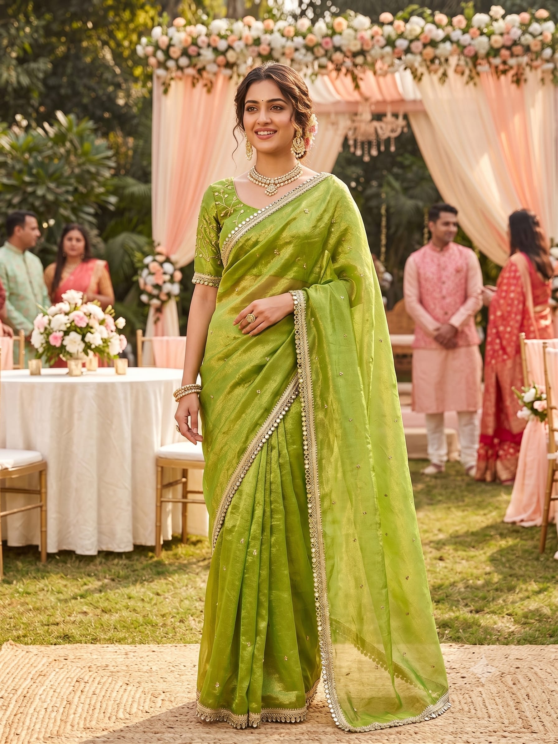 Bollywood Trending Fandy Satin Saree with Sequins Butti & Mirror Lace Border - Fandy Satin Saree Online India - Buy at ₹1400 - Image 1