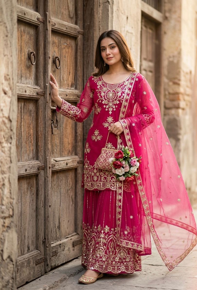 Designer Organza Twine Net Sharara Suit Set with Embroidery & Sequins Work - Pure Organza Twine Net Saree Online India - Buy at ₹1899 - Image 1