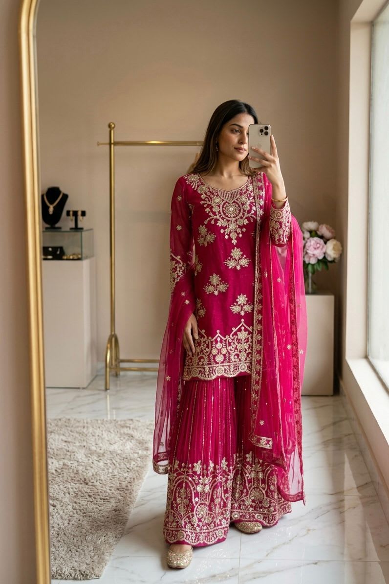 Designer Organza Twine Net Sharara Suit Set with Embroidery & Sequins Work - View 3