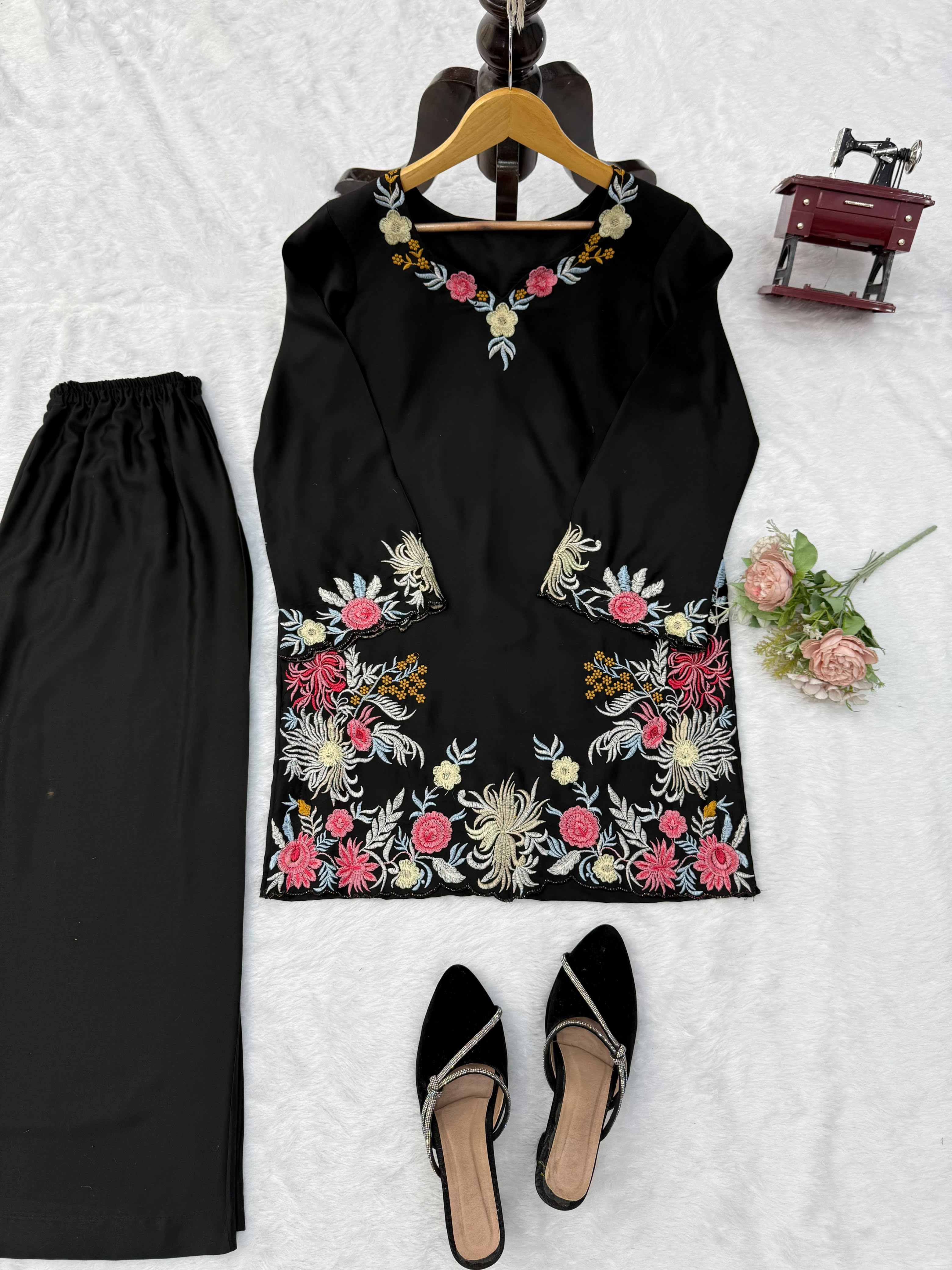 Premium Rayon Satin Suit Set with Thread Work & Palazzo - View 5