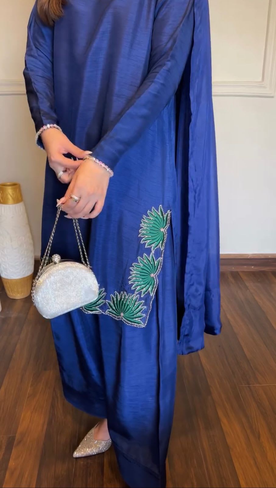 Premium American Silk Suit Set with Heavy Thread & Sequins Work | Farshi Palazzo & Dupatta - View 4