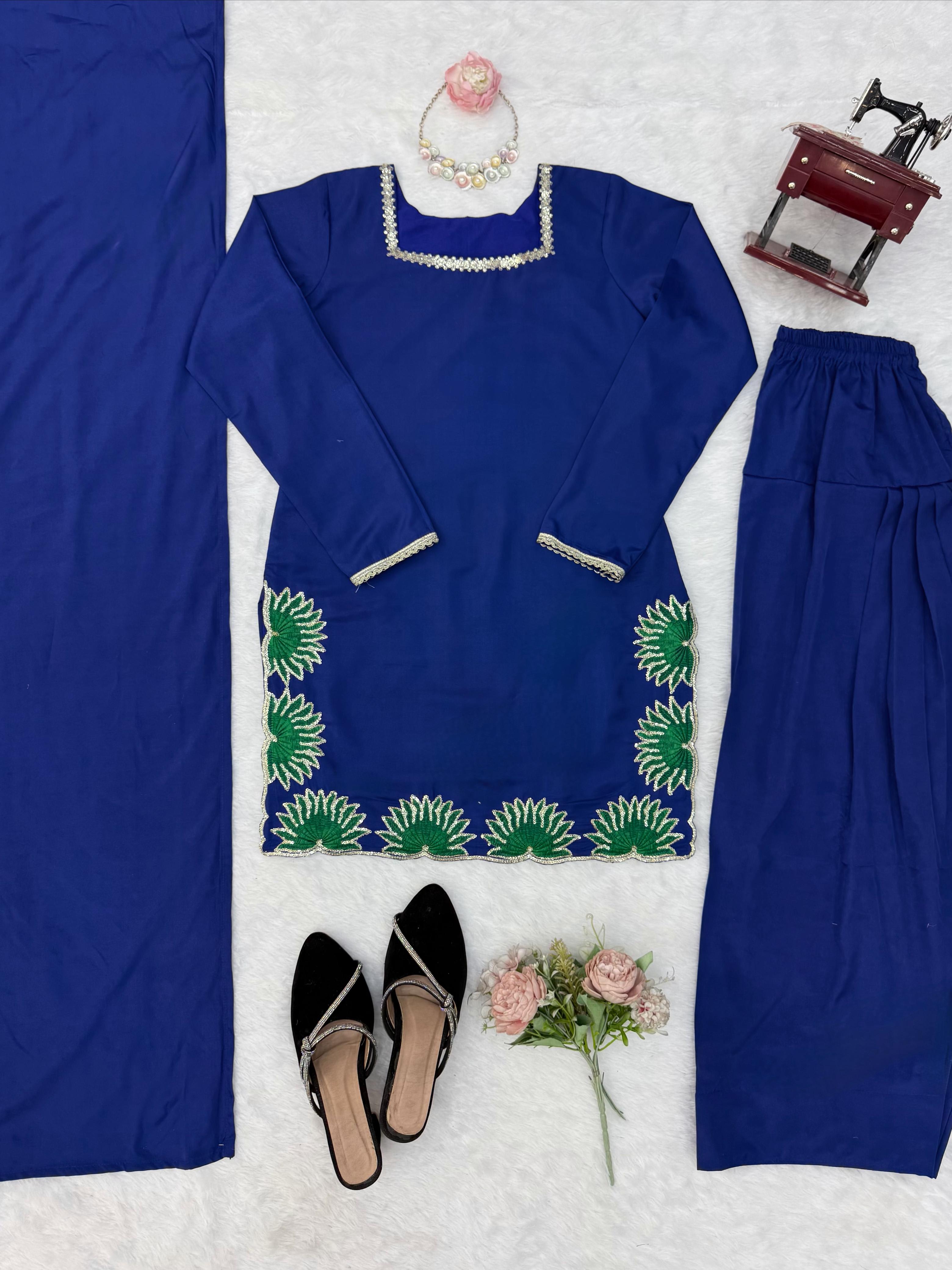 Premium American Silk Suit Set with Heavy Thread & Sequins Work | Farshi Palazzo & Dupatta - View 8