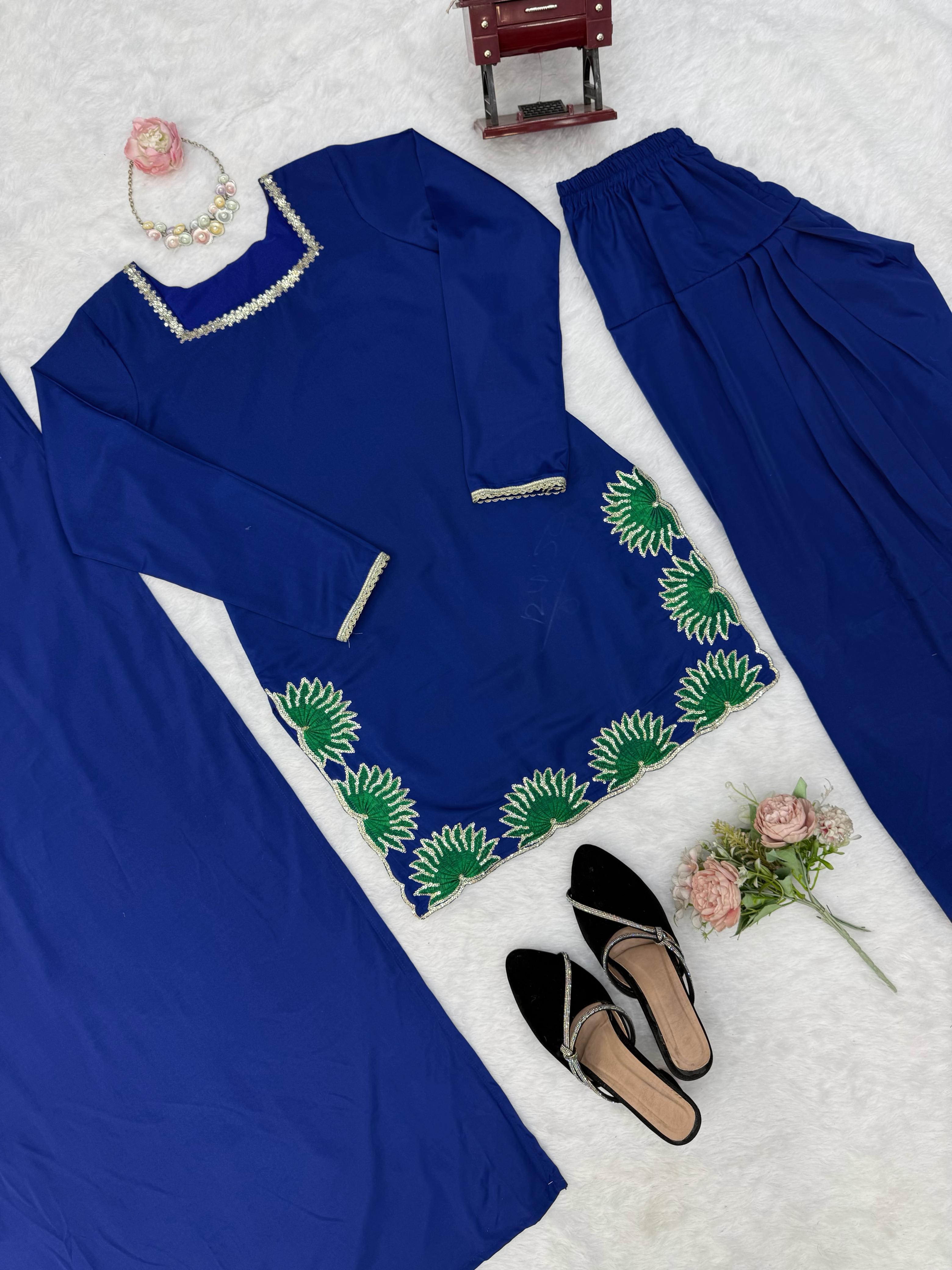 Premium American Silk Suit Set with Heavy Thread & Sequins Work | Farshi Palazzo & Dupatta - View 7