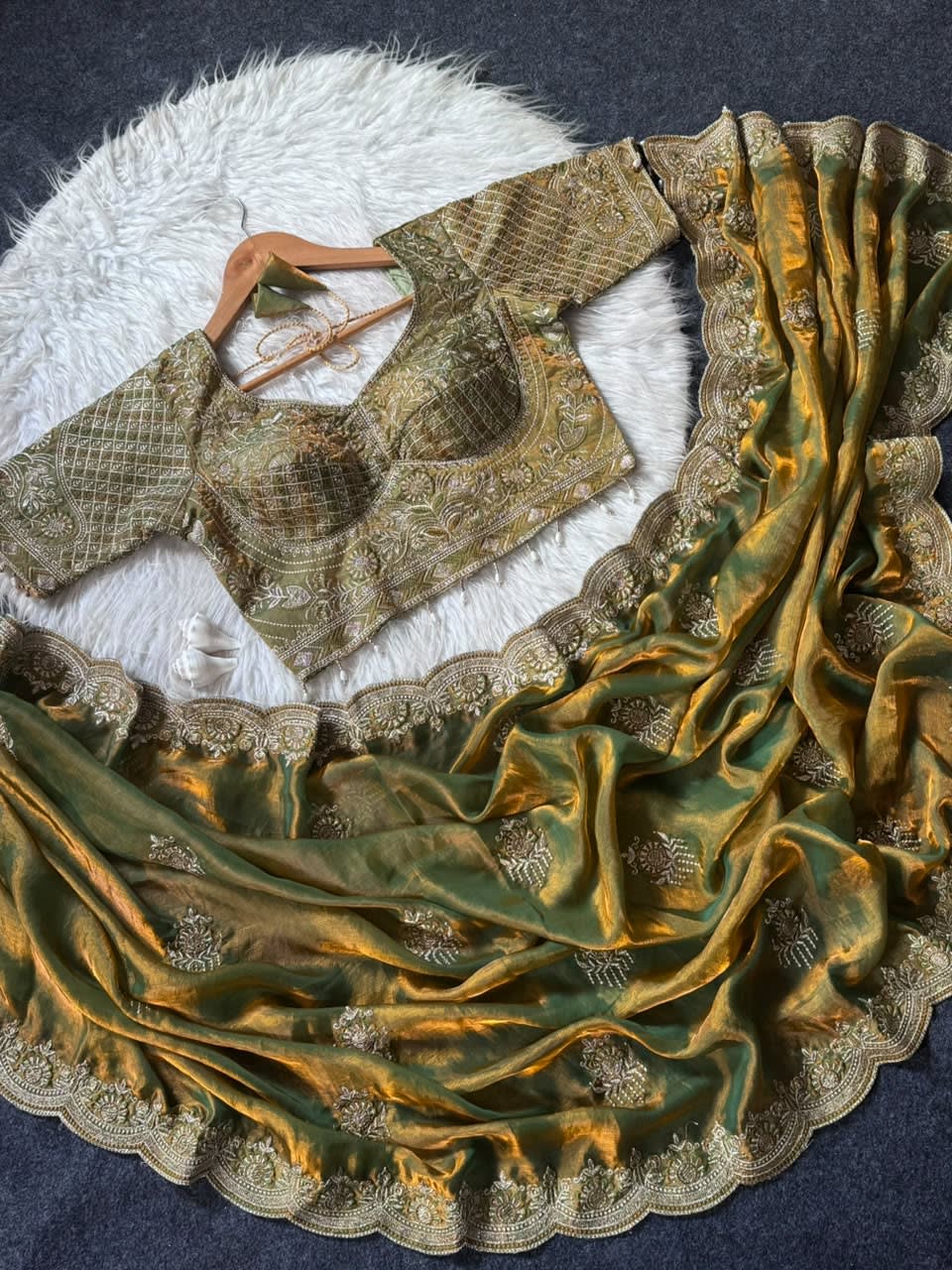 Sabyasachi-Inspired Fandy Satin Saree with Designer Katori Blouse & Meena Work - View 2